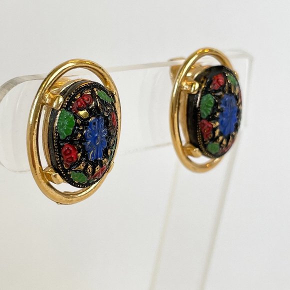 Sarah Coventry Old Vienna Earrings Vintage 1970s 70s Clip On Gold Blue Black Red - Picture 1 of 4